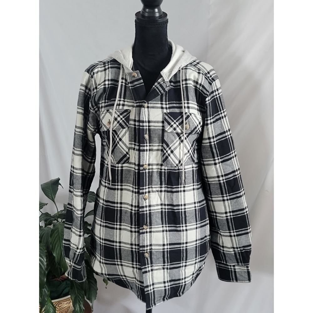 Wrangler Authentics Mens Plaid Hooded Shirt Jacket Black White Quilted Lined